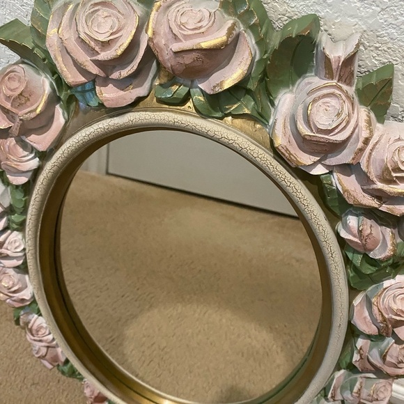 Vintage Home Interiors Shabby Chic Pink Gold Floral Oval Wall Mirror 27”x 20” - Picture 2 of 14